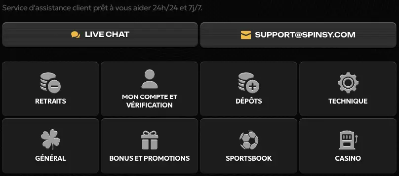 Service client et support en ligne 24/7 Spinsy Casino